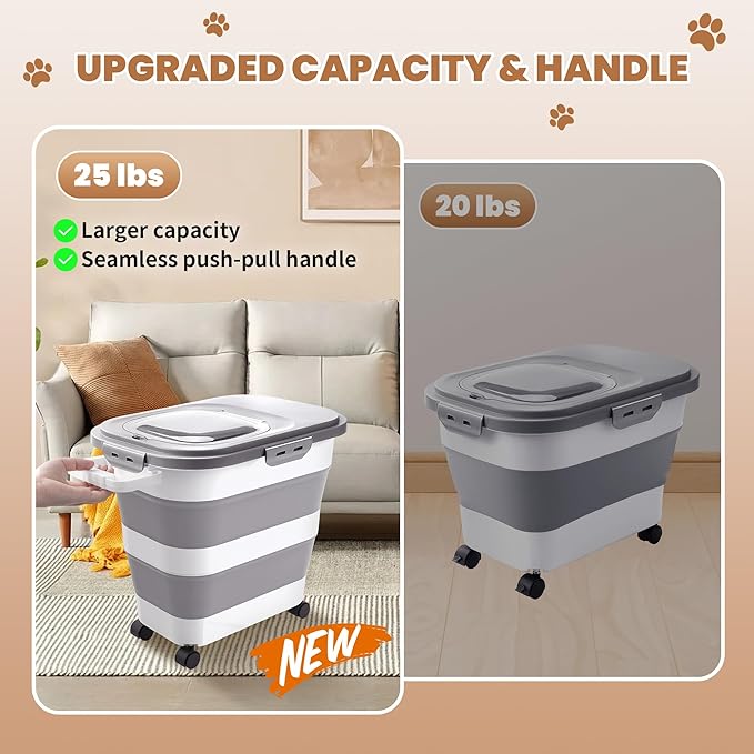 23-25 Lbs Dog Food Storage Container with Airtight Lid,Collapsible Dog Food Container with Wheels,Handle,Large Pet food storage Container with Scoop,Small Food Container for Dog Cat