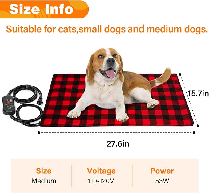 Pet Heating Pad, Adjustable Temperature Heated Dog Bed with Timer, Outdoor Waterproof Heated Pad with Anti-Chew Cord, Overheat Protection Warming Mat for Small and Medium Dogs (M:15.7"x27.6")