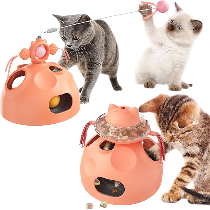 4 in 1 Cat Puzzle Toy for Indoor Cats, Cat Treat Puzzle, Modular Design with Cat Puzzle Feeder, Ambush Wand Dancer, Hide Rolling Ball Maze,Spinning Ball, Cat Enrichment Toys for Indoor Cats