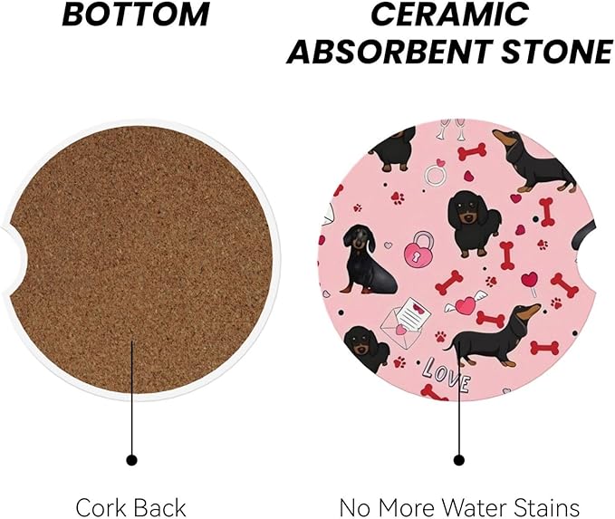 Absorbent Ceramic Car Coasters for Cup Holders, Cute Pink Dachshund Design 2.56" Anti Slip Universal Drink Cup Coasters for Women Men (2 Pack)