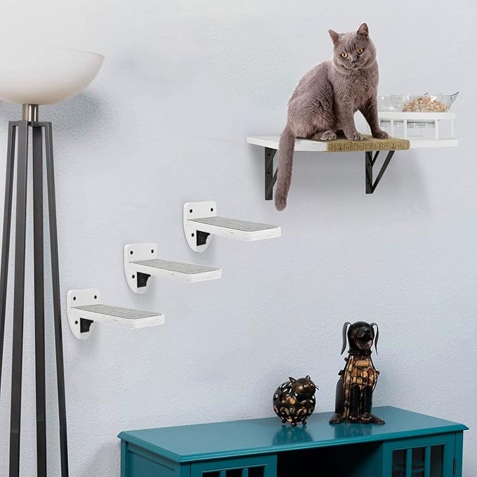 Cat Wall Shelves with 3 Steps, Cat Shelves and Perches for Wall, Cat Wall Furniture Set, Cat Climbing Shelves Cat Wall Shelf with 2 Cat Food Shelf and Plush Covered, Gift for Cat