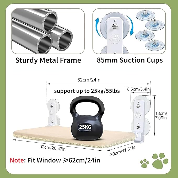 Cat Window Perch, Cordless Foldable Cat Hammock Bed with Metal Frame and Reversible Cover, Indoor Window Cat Bed Hold Up to 55lbs for Medium to Large Cats, Beige