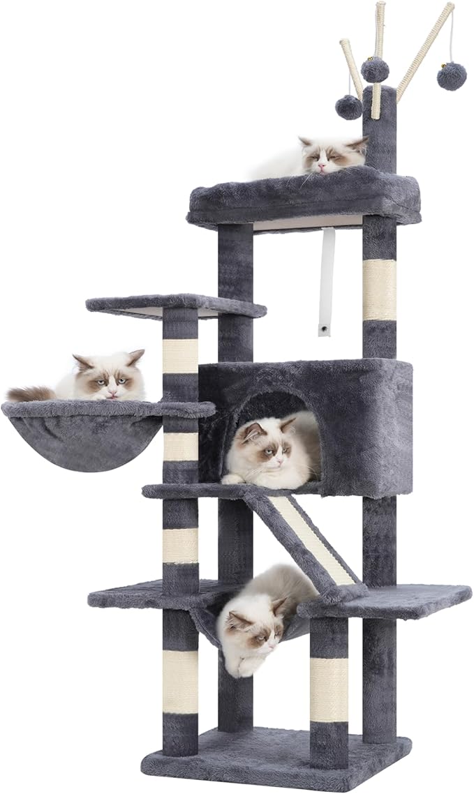 Cat Tree, 63 inch Multi-Level Cat Tower for Indoor Cats, Cat Condo with Cat Scratching Post and Board, Cat Hammock, Smoky Gray GCT011G