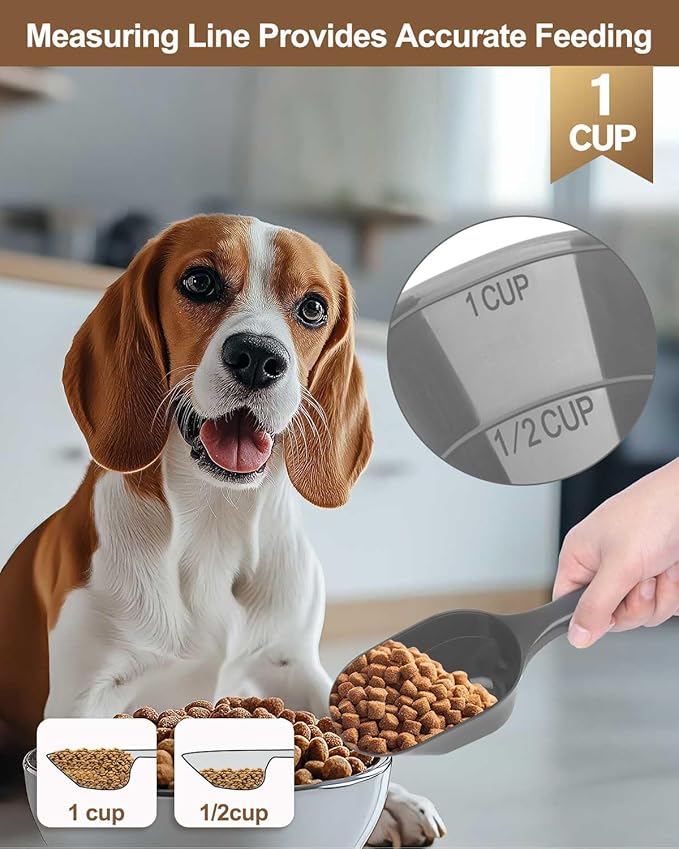 3PCS Dog Food Scoop, 1 Cup Plastic Pet Food Scoop with Measuring Lines 1/2 Cup and 1 Cup for Dogs, Cats, Birds and Rabbits(2 Grey and 1 Green)