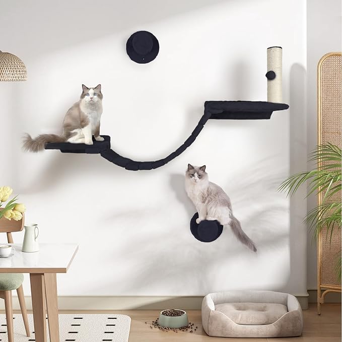 Cat Wall Shelves - 7 Pcs Luxury Wall-Mounted Cat Furniture, Including 2 Cat Wall Shelves 2 Solid Wood Steps 1 Cat Bridge Ladder 1 Sisal Cat Scratcher Post 1 Hanging Ball for Large Cats (Grey)