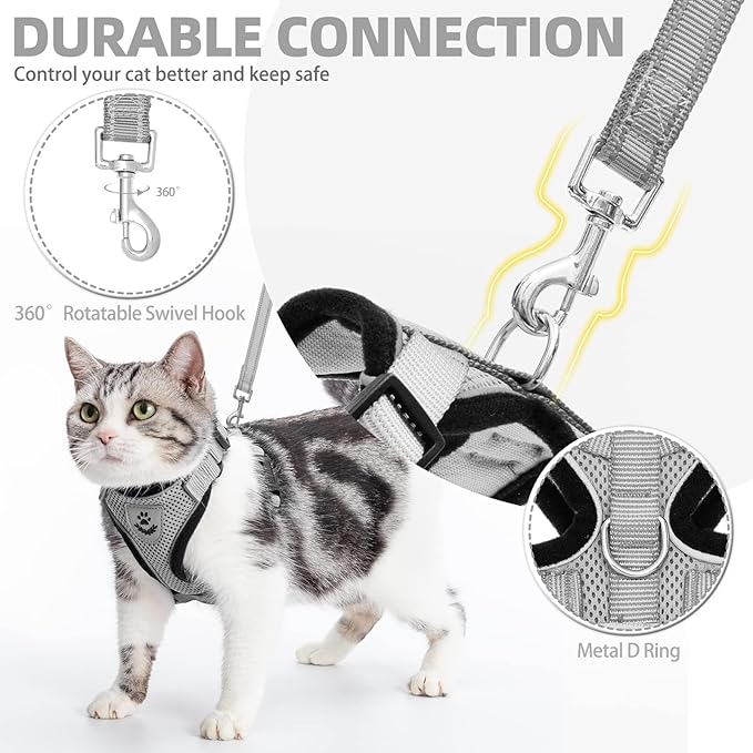 PUPTECK Cat Harness and Leash Set Escape Proof Reflective Cat Walking Harness Adjustable Soft Breathable Mesh Vest for Small Pets, Grey, S