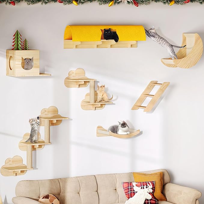 DWVO Cat Wall Shelves and Perches for Wall, Solid Wood Wall Mounted Cat Furniture, Set of 13 Cat Climbing Shelves with Moon Cat Wall House, Cat Wall Steps, Scratching Post, Hammock, Cat Tunnel