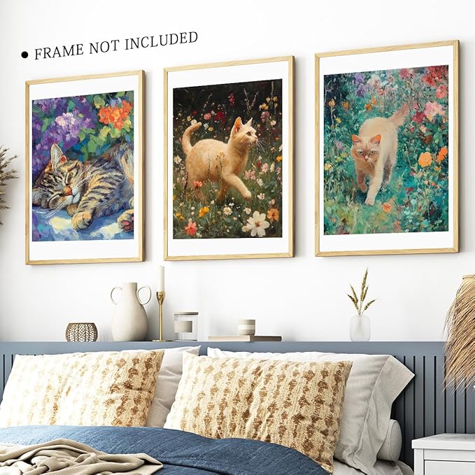 3 Pcs Cat Theme Poster Prints - 8"x10" Watercolor Floral Cats Home Paper Wall Art Decoration - Retro Posters Painting For Living Room,Bedroom,Bathroom - Gifts For Family & Friends - A02