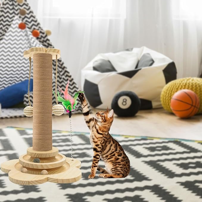 Wood Cat Scratching Posts, Cat Tree Scratching Post with Cat Interactive Toy, Easy Installation Cat Tower for Small Cat (18In)