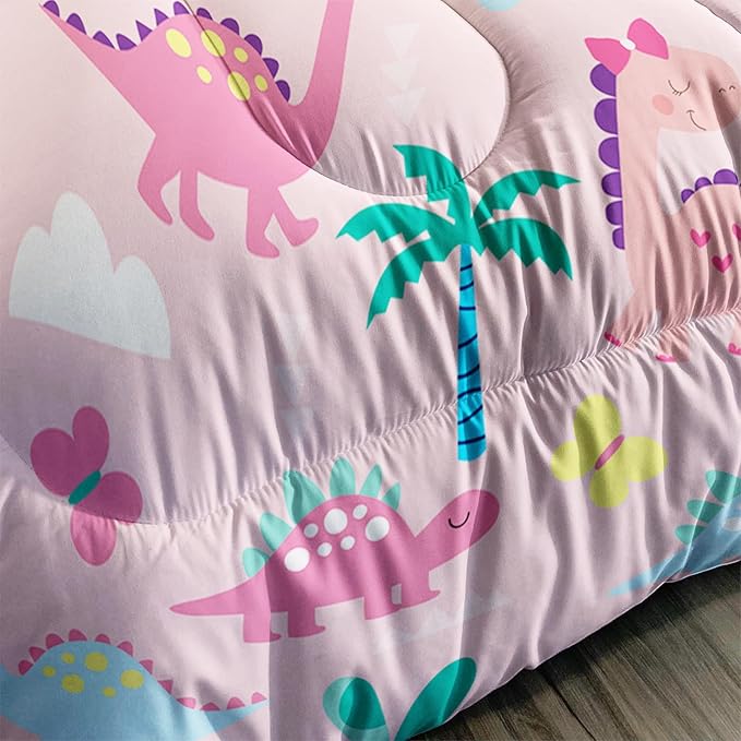 Axolotl Cute Dinosaur Comforter Set Full,Colorful Dinosaur Girls Bedding Set,Dinosaurs Print Comforter Sets Botanical Palm Trees,Butterfly Bedding Set for Kids Girls Teens,1 Quilt 2 Pillowcases,Pink