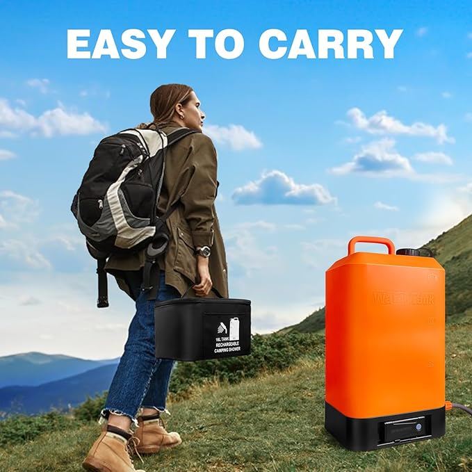 B. TAWD 4.5 Gallon Silicone Water Tank, Portable Camping Shower, USB Battery Charging, Solar Heating, with Shower Head, Electric Portable Outdoor Shower, Built-in Thermometer, Beach, Camping, Hiking