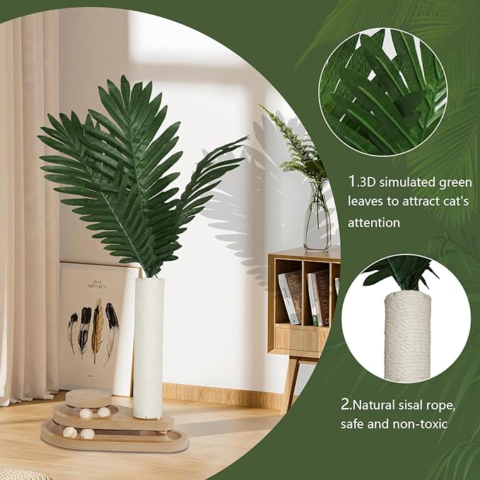 Cat Scratching Post, 23.6" Green Leaves Tall Scratching Post, 2 Layer Cat Ball Track Toy with 4 Removable Balls, Interactive Cat Toy with Natural Sisal Scratch Pole