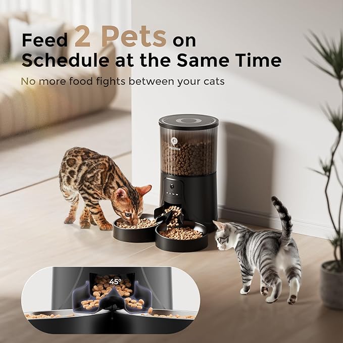 Automatic Cat Feeder for 2 Cats: Dual Feeder with 2.4G WiFi Remote Control, HD Camera, 2-Way Audio, Timed Auto Pet Feeding for Multiple Cats- Detachable & Easy to Clean with Desiccant Bag