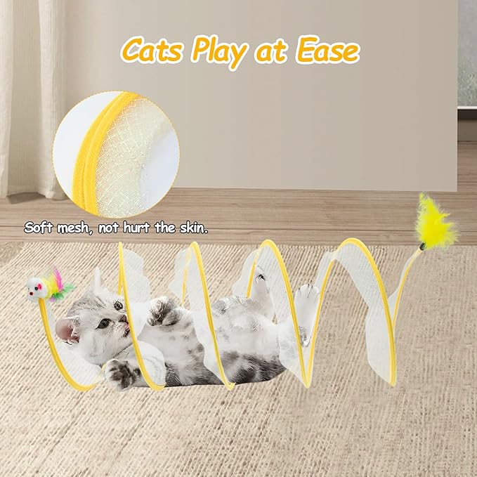 2 Packs Folded Cats Tunnel, Cats Tunnels Toy for Indoor Cats, Collapsible Cats Tubes Played Tunnel Spring Pet Cats Tunnel Bed Interactive Toys with Feather Mouse Hemp Ball for Kitten Yellow