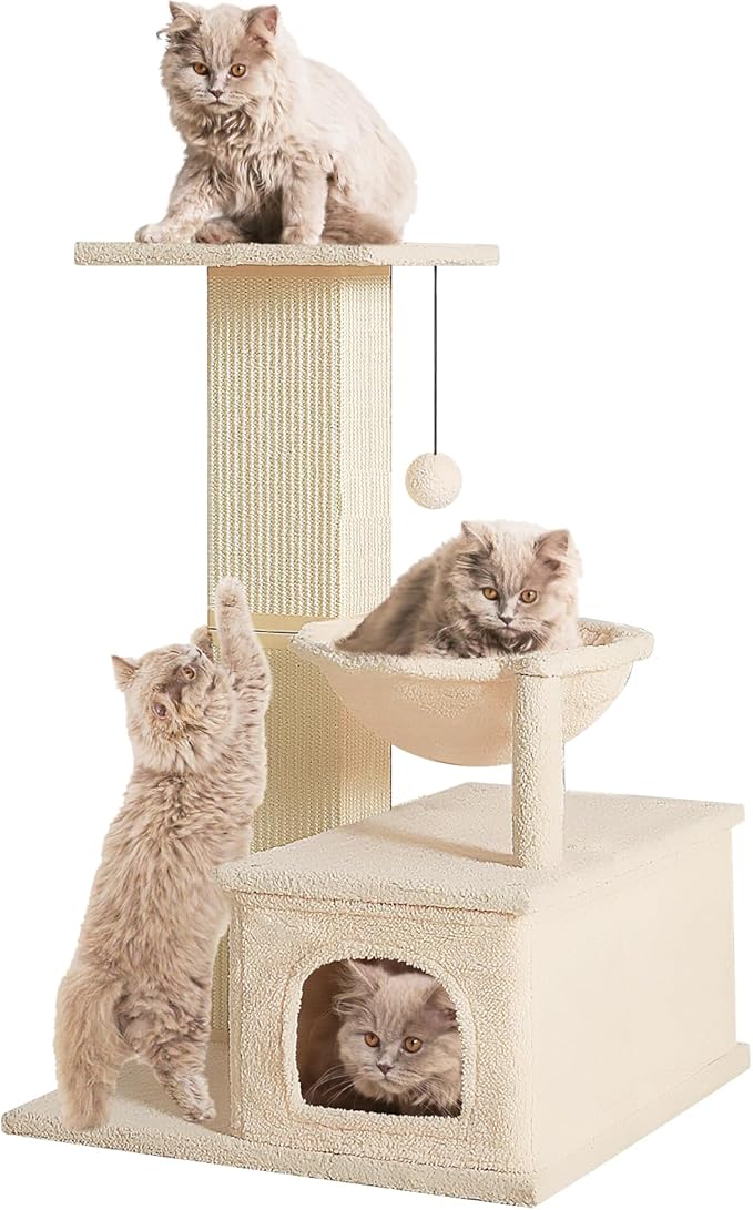 Small Cat Tree, 31 Inches Tall Cat Scratching Post with Perch & Condo & Hammock, Natural Woven Sisal Cat Post Sctacher, Kitten Scratching Posts for Indoor Cats, Cat Scratch Tower, Beige