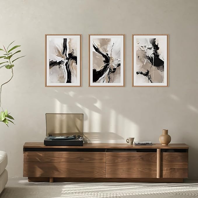Abstract Black Brown Framed Canvas Wall Art Set, Beige Black Shapes Wall Decor, Neutral Color Block Wall Painting, Minimalist Brush Stroke Art Prints for Living Room, Bedroom, Office 16"x24"x3