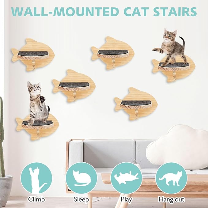 kathson 6 Pcs Cat Shelves for Wall Cat Wall Mounted Shelves Cat Wall Steps Wood Cat Climbing Shelves Cat Stairs with Non Slip Felt Cat Ladder Cat Wall Furniture for Springboard Playing (Fish Shape)