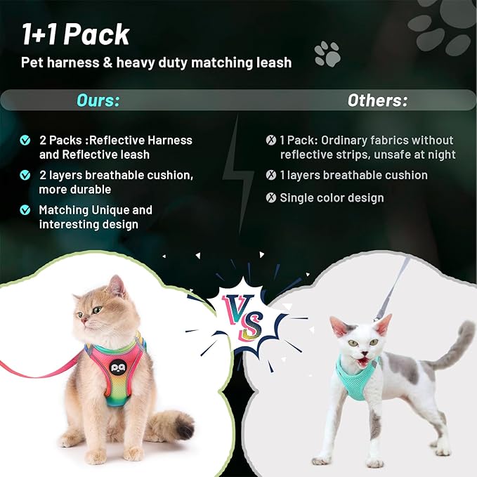 Cat Vest Harness Leash Set: Escape Proof & Reflective Kitten Soft Mesh Vest for Small Medium Large Puppy Pets Walking Hiking and Traveling(XSmall,Multi-Colored)