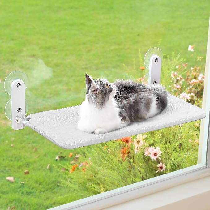 Easy Fold Cat Window Perch - Cordless, Fold-Up, Zip Closure Embeded Machine Washable Bed Cover, Robust Metal Frame - Cat Hammock for Window for Large Cats and Kittens (White, Large)