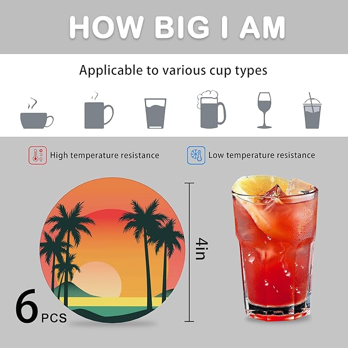 6 Pcs Drink Coasters with Holder,Palm Trees Beach Sunset Absorbent Round Ceramic Coaster for Tabletop Protection,for Coffee Cup Beverage Coasters Wine Beer Bar