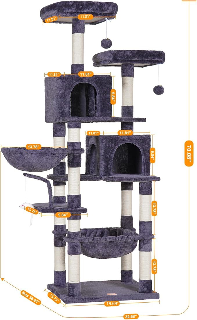 Heybly Cat Tree, 70 inches Tall Cat Tower condo with Toy for Indoor Large Cats, Cat House Furniture with Padded Plush Perch, Cozy Hammock and Sisal Scratching Posts,Smoky Gray HCT032G
