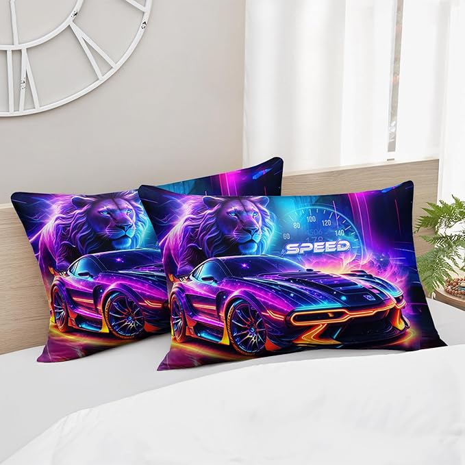 AILONEN Boys Kids Racing Car Bedding Set Full Size,Neon Speed Car & Lion Comforter with 2 Pillowcases,3 Pieces Soft Lightweight Racer Duvet Set
