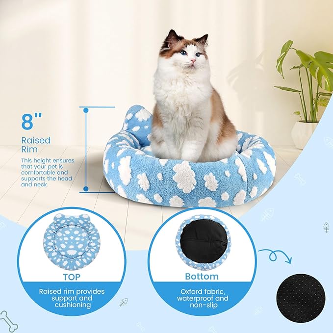 Cat Bed & Dog Bed, Removable Cozy Soft Cat Bed Washable Round Cute Dog Bed with Jacquard for Small Medium Cats and Dogs, Blue Sky L