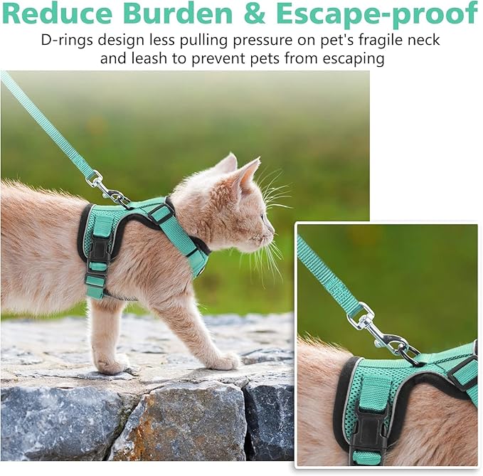 Dooradar Cat Harness and Leash Set, Escape Proof Safe Adjustable Kitten Vest Harnesses for Walking, Easy Control Soft Breathable Mesh Jacket with Reflective Strips for Cats, Green, XXS