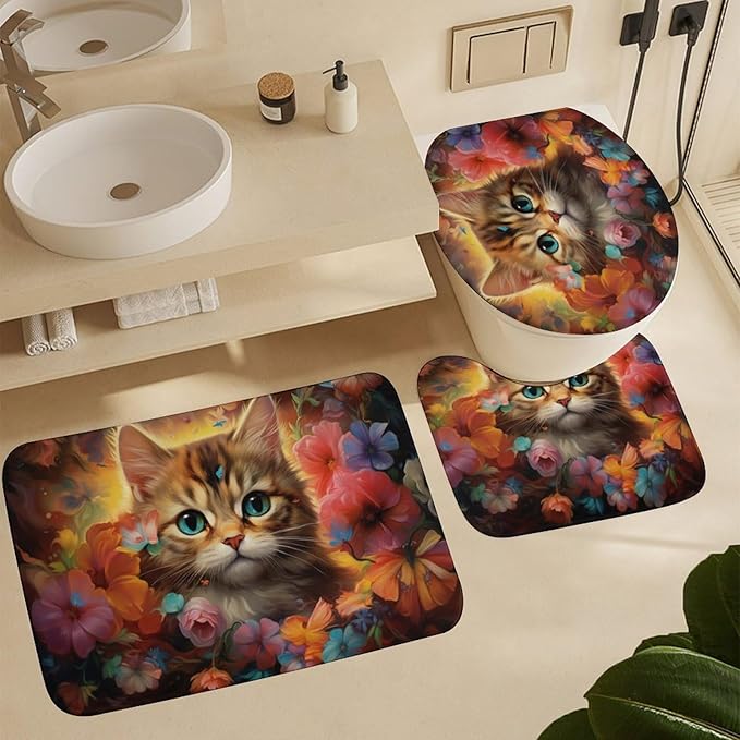 4Pcs Colorful Cat Shower Curtain Sets with Non-Slip Rugs, Toilet Lid Cover and U Shape Bath Mat, Gorgeous Floral Animal Abstract Bathroom Sets Waterproof Shower Curtains with 12 Hooks