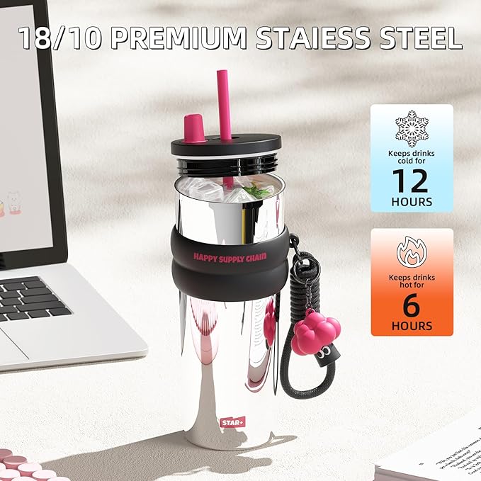 24 OZ Insulated Tumbler witn Lid and Straw Stainless Steel, Insulated Reusable Leak Proof Water Bottle with Strap, Travel Portable Iced Coffee Mug for Hot and Cold, Thermal Cup for Women, Sliver