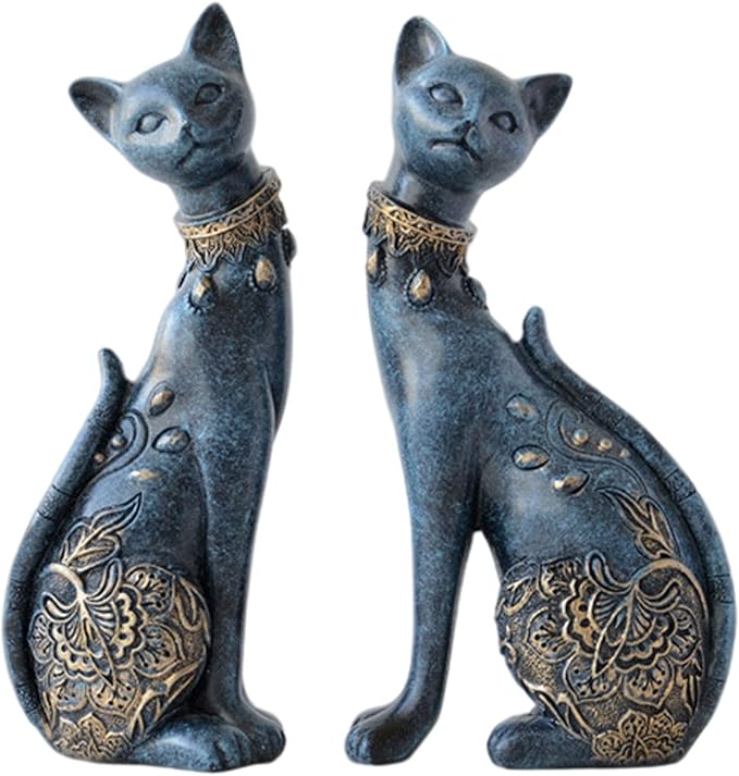 2 Pcs/set Cat Statues Home Decor, Room Decor Cat Figurines and Statues, Couple Cat Statues for Home Decor, Suitable for Living Room Wine Cabinet TV Cabinet Decoration Wedding Gift First Choice (Blue)