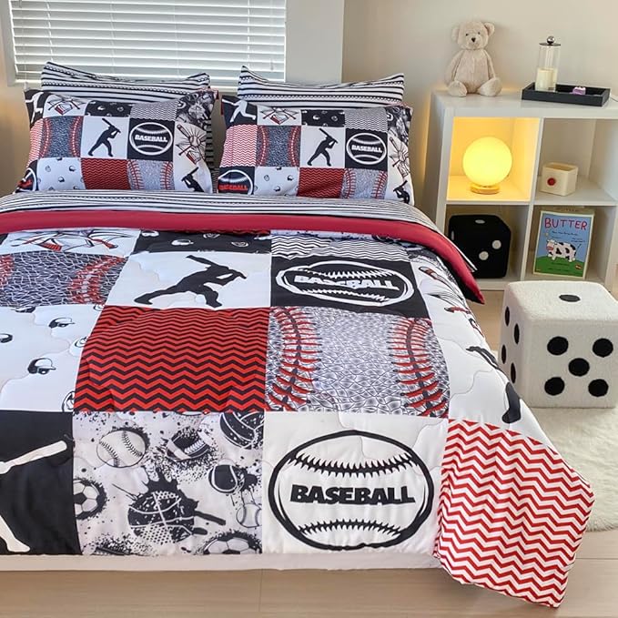 7 Piece Baseball Comforter Set Bed in A Bag Full Size 3D Softball Sports Bedding Set for Boys Kids Microfiber Comforter All Season (1 Comforter, 1 Flat Sheet, 1 Fitted Sheet, 4 Pillowcase)