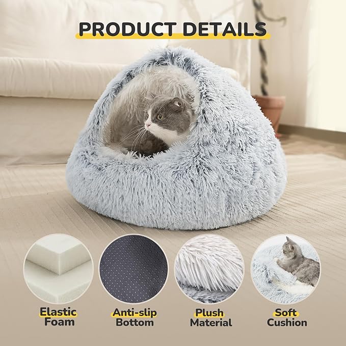 CATISM Cat Bed, Plush Hooded Cat Beds for Indoor Cats, Calming Cat Nest, Self Warming Cat Bed Cave, Cozy Cat Pod for Indoor Cat or Small Dog, Removable Washable Cat Cove with Non-Slip Bottom