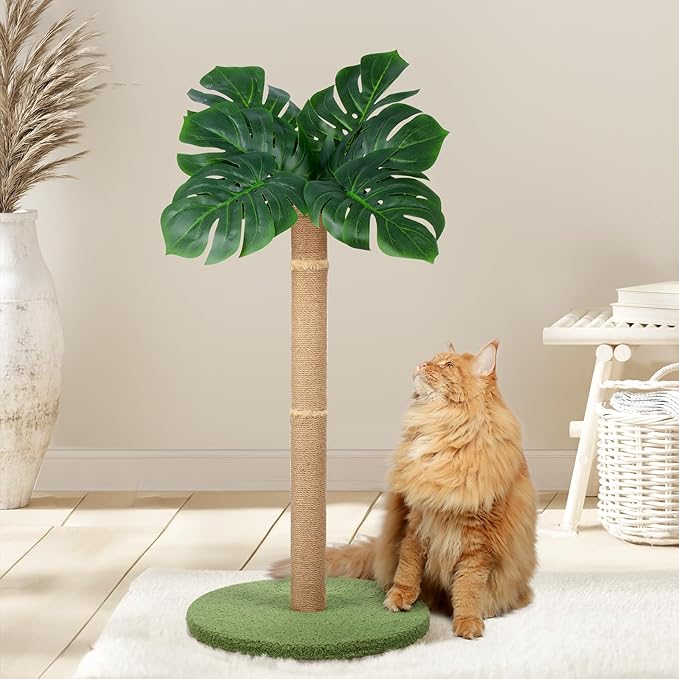 Cat Scratching Post 39.4 inch Tall Cat Tree for Indoor Cats Large Adult Cat Scratching Post with Sisal Rope,Cute Kitten Cat Scratcher in Monstera Plants