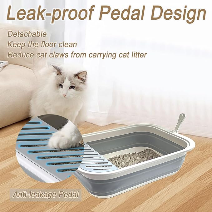 2 pcs Collapsible Kitten Litter Box,Low Entry Shallow Open Cat Potty Pan with Scoop Foldable Shallow Cat Toilet Travel Litter Box with Falling Sand Pedal for Kitty to Senior Cats 2PCS (Blue, Large)