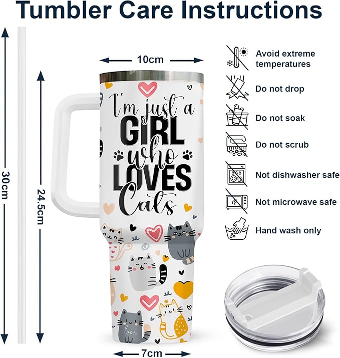 34HD Just A Girl Who Loves Cats Tumbler with Handle and Straw, 40oz Stainless Steel Vacuum Insulated Coffee Mug with Cats, Cat Mom Gifts for Women Birthday Mothers Day Christmas