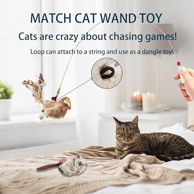 2 Pack Cat Toys Interactive for Indoor Cats Feather Squeaky Bird & Mouse Kitten Plush Toys, Three Dogs & A Cat Melody Chaser Motion Activated Kitty Toys with Bird Chirping