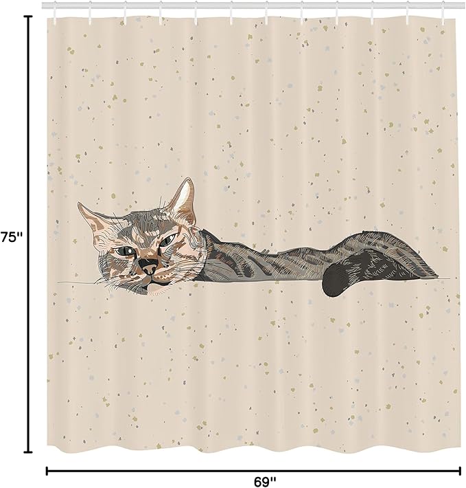 Ambesonne Cat Shower Curtain, Lazy Sleepy Cat in Earth Tones Furry Mascot Indoor Pet Art Illustration, Cloth Fabric Bathroom Decor Set with Hooks, 69" W x 75" L, Grey Beige
