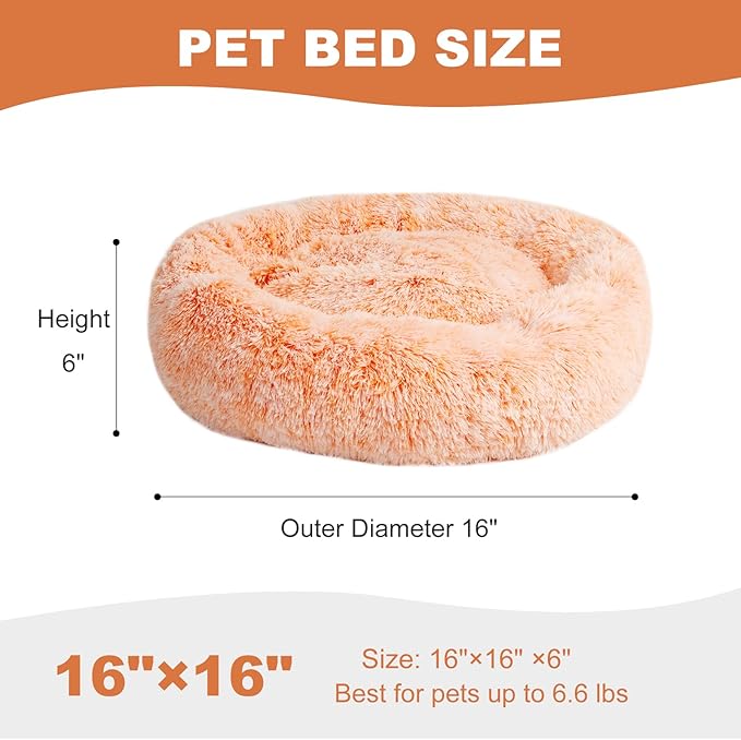 Aurako Cat Bed Dog Bed Round Cushion Pet Bed Mat Ultra Soft Plush Donut Sofa Comfortable Pillow Machine Washable Pet Cuddle Beds for Kitten Small Medium Large Dogs Cats 16" Orange and White