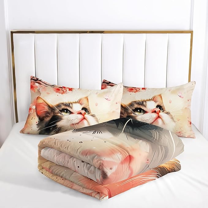AILONEN Kawaii Cat Comforter Set Queen Size,Kids Girls Kitten Cat Bedding Printed Pink Flower Watercolor Lovely Animal Cat Comforter with 2 Pillowcases,3 Pieces