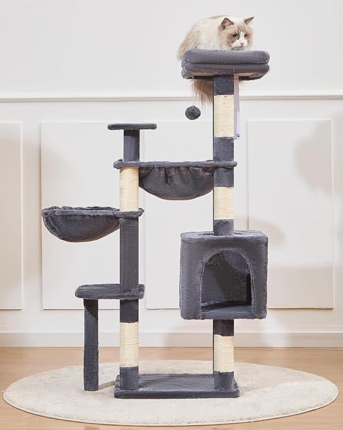 Taoqimiao Cat Tree, 51-Inch Cat Tower for Kittens, Cat Tree Tower with 5 Scratching Posts, Plush Cat Condo with Plush Perch, 2 Hammock, Pompoms, Smoky Gray MS019XL-G