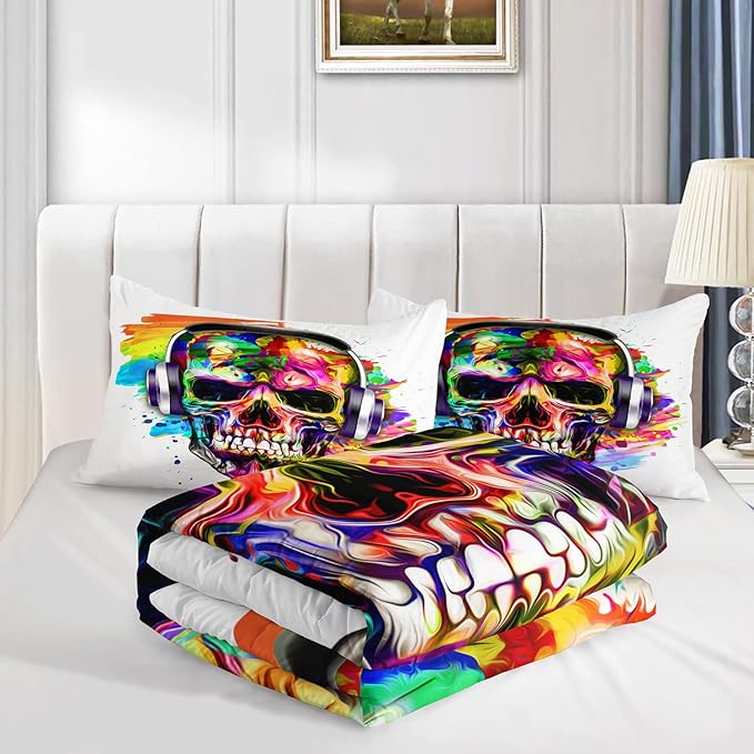 AILONEN Skull Comforter Set for Teens Boys Kids, Skull Pattern Printed Bedding Set Queen Size,Superior Duvet Ultra Soft,Skeleton Theme Quilt,3 Piece 1 Comforter and 2 Pillowcases,Microfiber Fabric