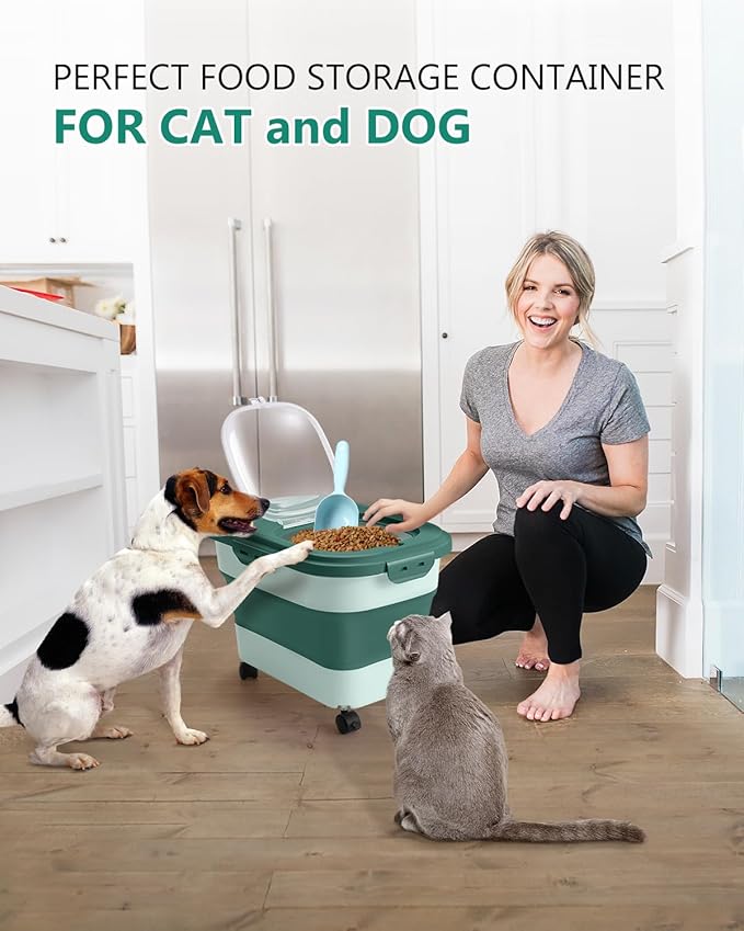 ANVS Dog Food Storage Container - Up to 20lbs Collapsible Dog Food Container with Casters, Scoop and 2.5L Small Pet Food Container to Keep Dry Pet Food Fresh (Green)
