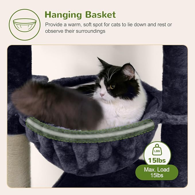F46A Compact Cozy Cat Tree Tower | 46-Inch Sturdy Cat Condo with Scratching Posts, Hammock, and Anti-Tip Kit | Ideal for Small Spaces & Large Big Cats | Premium Quality Materials, Dark Grey