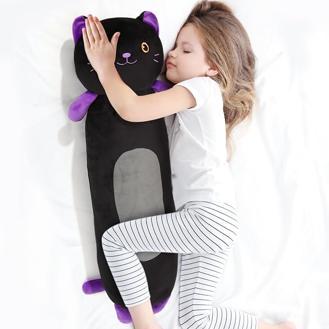 22” Long Cat Plush Body Pillow, Cute Black Cat Stuffed Animals, Lucky Kitty Squishy Soft Plushies Toy, Gifts for Kids Girls and Boys, Birthdays ﻿Easter