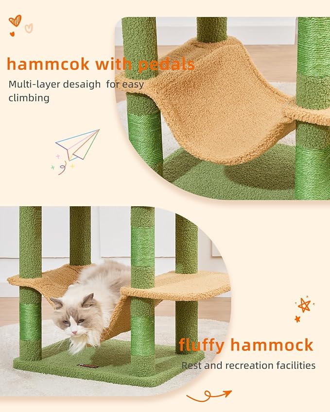 Taoqimiao Cat Tree, 61-Inch Cat Tower for Indoor Cats, Plush Multi-Level Cat Condo with 5 Scratching Posts, 2 Perches, 2 Caves, Hammock, 2 Pompoms, MS013ST Cactus