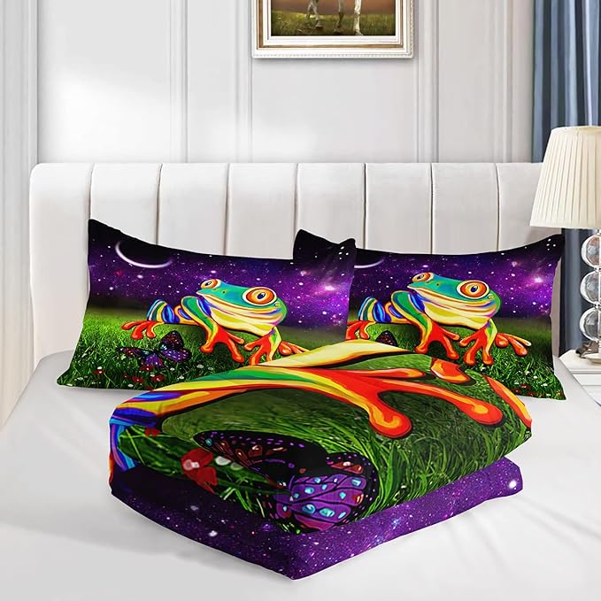 AILONEN Frog Comforter Set, Cartoon Frog Bedding Set Queen Size,Color Tie Dye Quilted Duvet for Teens Boys Kids Girls,Microfiber Fabric,1 Comforter 2 Pillowcases 3 Piece