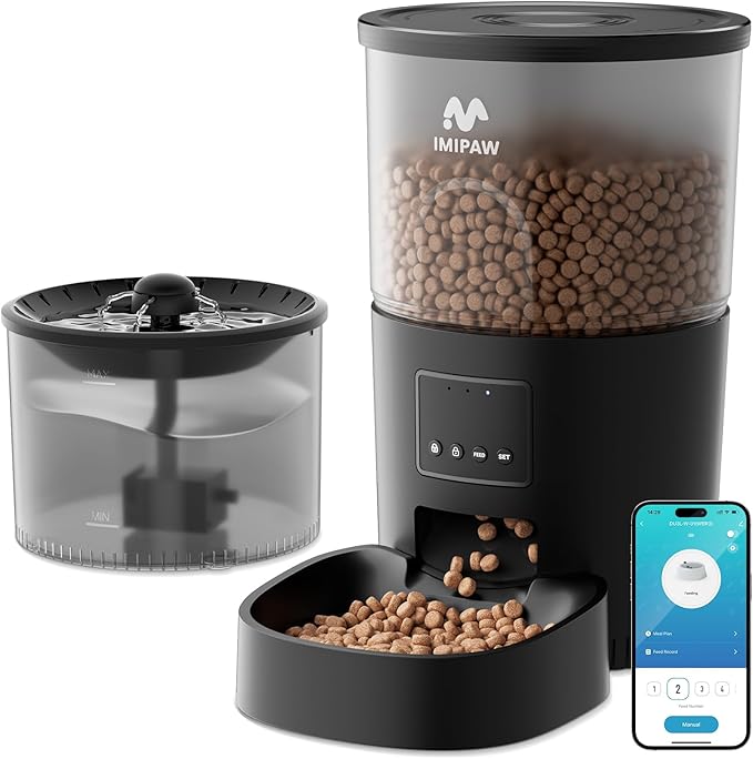 Automatic Cat Feeder and Water Dispenser, Timed Dry Food Dispenser APP Remote Control, Programmable Portions, Cat Fountains for Drinking with Filter, Small Pets (WiFi Combo 3L)