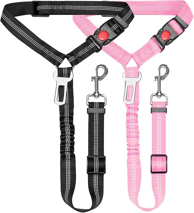 2 Packs Removable Dog Seat Belt Harness for Car, 3 in 1 Pet Dog Car Seatbelt Leash, Retractable Restraint Secures to Vehicle Headrest & Adjustable Reflective Dog Seatbelt Tether