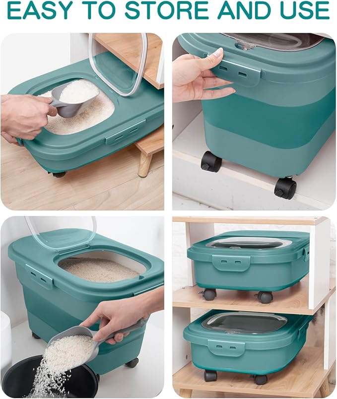 20-30 Lbs Rice Storage Container,Collapsible Food Storage Containers with Rolling Wheel Airtight Locking Lid,Flour Storage Container with Cup and Scoop,Suitable for Food,Rice,Pet Food,Flour